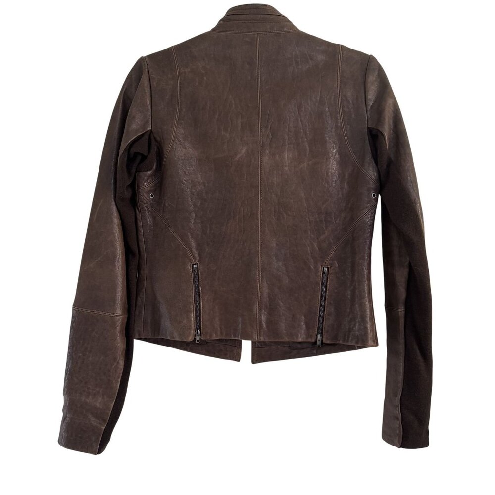 VEDA Brown Leather Moto Jacket Cropped Zip Front Stretch Panel Women’s XS - Picture 5 of 9